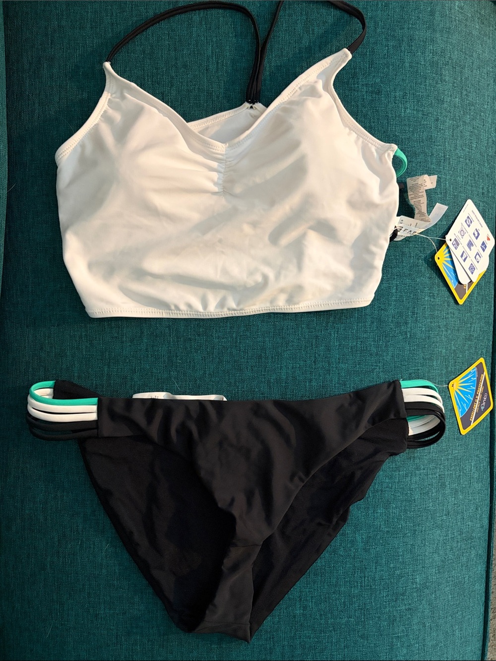 NWT Women’s Two-Piece Swim Set - White Top & Black Bottom with Mint Accents